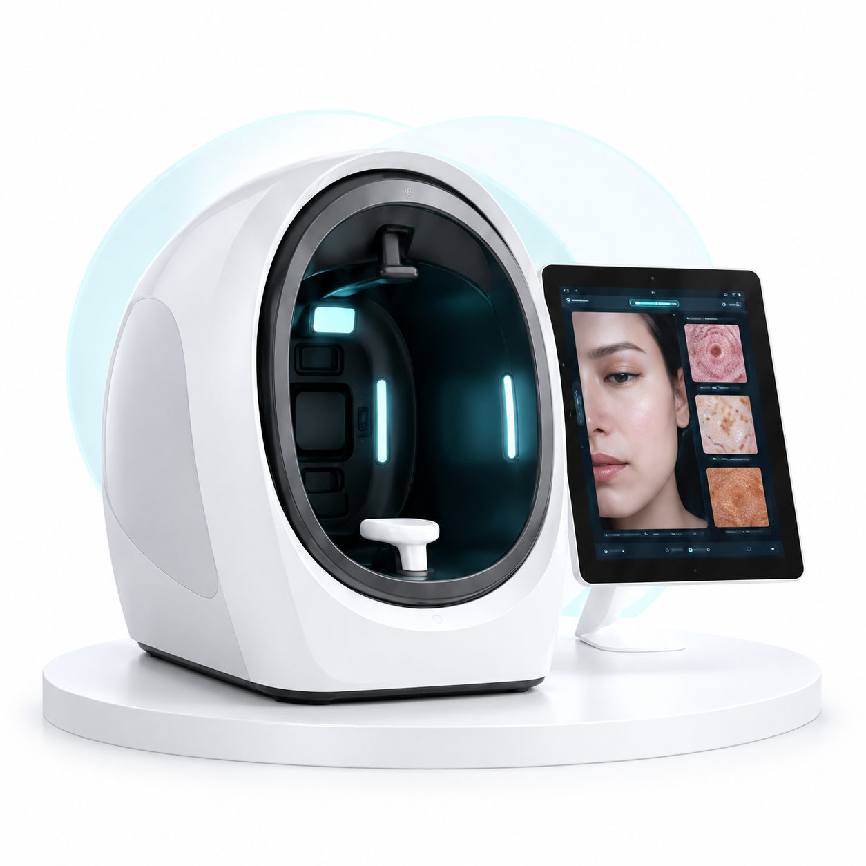 Skin Analyzer with a white oval housing, illuminated scanning chamber and attached touchscreen.